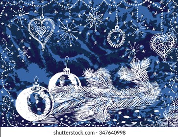 Hand drawn vector Merry Christmas and New Year greeting card.