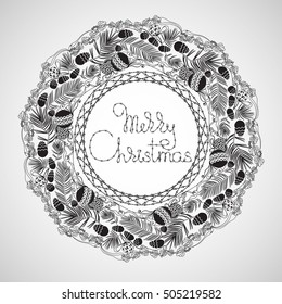 Hand drawn vector Merry Christmas  mandala with balls,  branches, bead and handwritten words. Template for invitation or greeting card. Circle Xmas vintage ornate wreath on light grey background