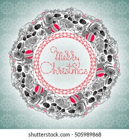 Hand drawn vector Merry Christmas ornamental mandala with balls,  branches, bead and handwritten words. Template for invitation or greeting card. Circle Xmas vintage  wreath on light grey background