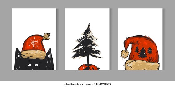 Hand drawn vector Merry Christmas greeting card set with cute funny black cat in red Santa Claus hat character,Christmas tree in pot and red hat illustration isolated on white background.