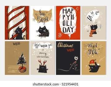 Hand drawn vector Merry Christmas greeting card set with cute funny black cats characters in winter clothing,Christmas trees,candy cane,caroling,snowman,sign and modern calligraphy.Journaling cards.