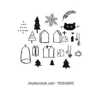 Hand drawn vector Merry Christmas rough freehand graphic greeting design elements collection set with ink scandinavian icons and graphics isolated on white background.
