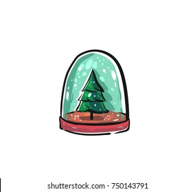 Hand drawn vector Merry Christmas time cartoon graphic illustration design element with snow globe ball with Christmas tree isolated on white background.
