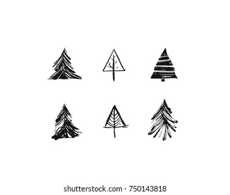 Hand drawn vector Merry Christmas rough freehand graphic greeting design elements collection set with ink scandinavian Christmas trees icons isolated on white background.