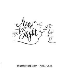 Hand drawn vector Merry Christmas rough freehand graphic greeting illustration design element with handwritten modern calligraphy Meow and bright and cat snowman isolated on white background.