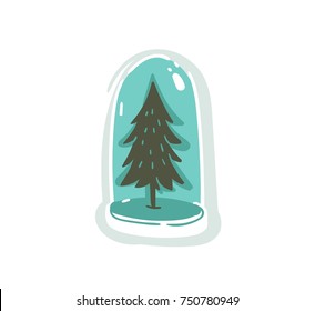Hand drawn vector Merry Christmas time cartoon graphic illustration design element with snow globe ball with Christmas tree isolated on white background.