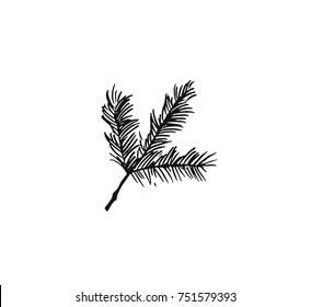 Hand drawn vector Merry Christmas rough freehand graphic greeting decoration design element with ink scandinavian Christmas tree branch isolated on white background.