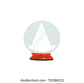 Hand drawn vector Merry Christmas time cartoon graphic illustration design element with snow globe ball with mountains isolated on white background.