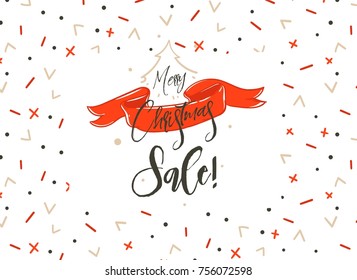 Hand drawn vector Merry Christmas shopping time cartoon graphic simple greeting illustration logo design with red ribbon and handwritten calligraphy isolated on white background.