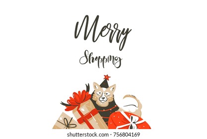Hand drawn vector Merry Christmas shopping time cartoon graphic simple greeting illustration logo design with dog,many surprise gift boxes and calligraphy Merry Shopping isolated on white background.