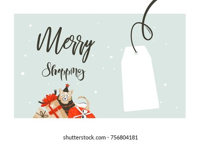 Hand drawn vector Merry Christmas shopping time cartoon graphic simple greeting illustration logo design with dog,many surprise gift boxes and calligraphy Merry Shopping isolated on white background.