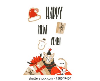 Hand drawn vector Merry Christmas shopping time cartoon graphic simple greeting illustration logo design with dog,many surprise gift boxes and calligraphy Happy New Year isolated on white background.
