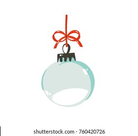Hand drawn vector Merry Christmas time cartoon graphic illustration design element with xmas tree empty glass snow globe ball with red bow isolated on white background.