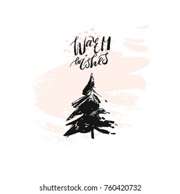 Hand drawn vector Merry Christmas rough freehand graphic greeting design element with handwritten modern calligraphy phase Warm Wishes in pastel colors isolated on white background.
