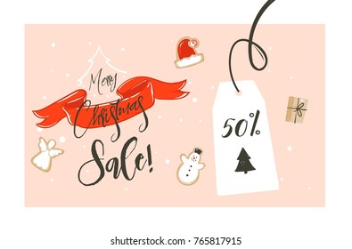 Hand drawn vector Merry Christmas shopping time cartoon graphic simple greeting illustration header design red ribbon,gingerbread cookies boxes and calligraphy Merry Christmas sale isolated on white.