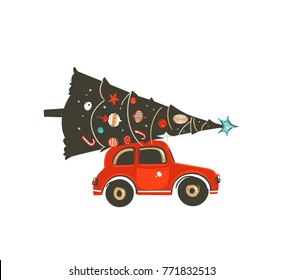 Hand drawn vector Merry Christmas time cartoon icon graphic illustration design element with red car and xmas tree isolated on white background.
