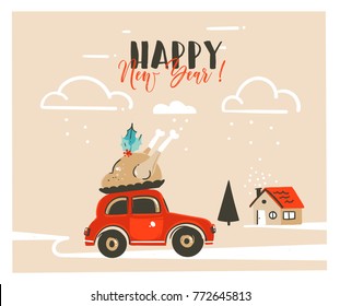 Hand drawn vector Merry Christmas time cartoon graphic illustration headline card design template with red car,xmas turkey and modern typography Happy New Year isolated on craft paper background.