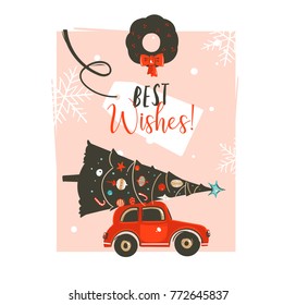 Hand drawn vector Merry Christmas time cartoon graphic illustration card design template with red car,xmas tree,mistletoe wreath and modern typography Best Wishes isolated on pink pastel background.