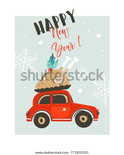 Hand drawn vector Merry Christmas time\
cartoon graphic illustration card design template with red car\
delivers turkey for dinner and modern typography Happy New Year\
isolated on white\
background.