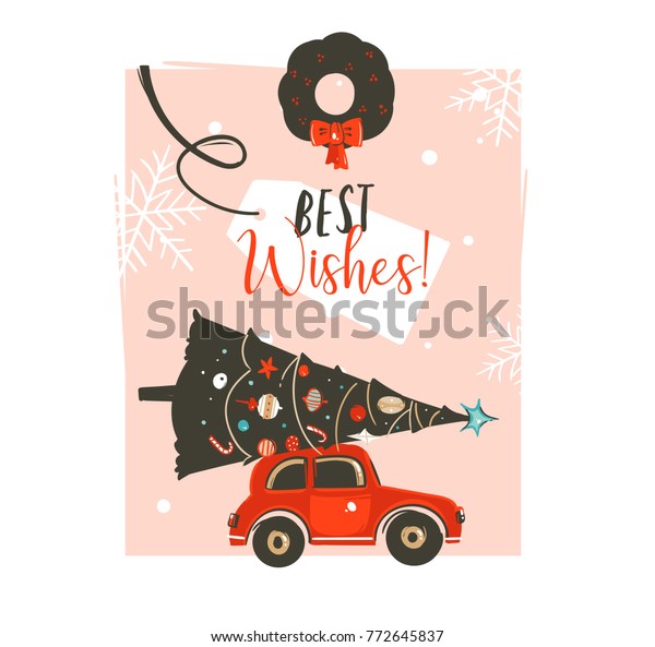 Hand drawn vector Merry Christmas time\
cartoon graphic illustration card design template with red car,xmas\
tree,mistletoe wreath and modern typography Best Wishes isolated on\
pink pastel background.