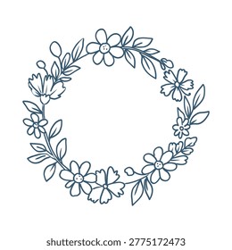 Hand drawn vector midsummer doodle illustration. Floral Wreath with meadow flowers in white background.