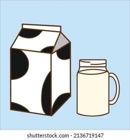 Hand drawn vector of Milk carton and glass of milk isolated on blue color background.
