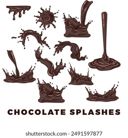 Hand drawn vector milk chocolate splashes, drops, droplets, falling, juice. Easy to edit and use vector food assets. 