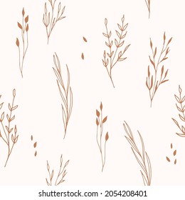 Vector dibujado a mano minimo patrón de boho floral sin fisuras en el estilo de arte de la línea de moda. Antecedentes botánicos de la moda femenina. 