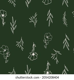 Hand drawn vector minimal floral boho seamless pattern in trendy line art style. Feminine fashion botanical background. 