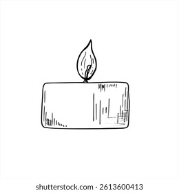 Hand drawn vector monochrome classic pillar candle with burning flame line art illustration in minimalist style. Holiday element of cylindrical shape for wellness product, spiritual journal