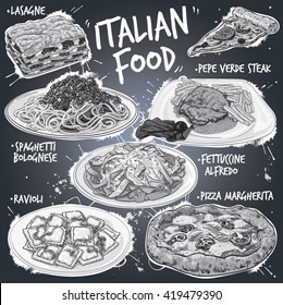 Hand drawn vector monochrome illustration of popular Italian Food; 7 traditional Italian dishes, Lasagne, Spaghetti Bolognese, Pepe Verde Steak, Fettuccine Alfredo, Pizza Margherita and Ravioli.