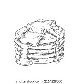 Hand drawn vector monochrome pancakes illustration. Fresh pastry isolated on white background. Hot breakfast for design, label, banner, ad