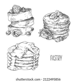 Hand drawn vector monochrome pancakes illustration. Fresh pastry isolated on white background. Hot breakfast for design, label, banner, ad