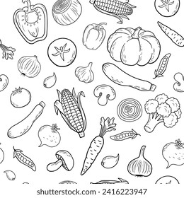 Hand drawn vector monochrome seamless pattern with broccoli, corn and pumpkin. Outline vegetarian organic food. Farm market product. Vegan vegetables.