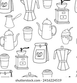 Hand drawn vector monochrome seamless pattern with coffee. Doodle coffee cup, grinder and pot. Vector illustration on white