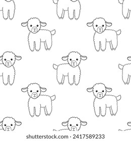 Hand drawn vector monochrome seamless pattern with cute outline lamb. Hand drawn illustration isolated on white background. Funny Farm animal repeat pattern