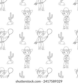 Hand drawn vector monochrome seamless pattern with line cowboy and cactus. Cute childish outline repeat pattern on white background for kids