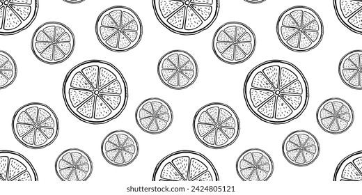 Hand drawn vector monochrome seamless pattern with etching lemon piece in sketch style. Vector black and white repeat background