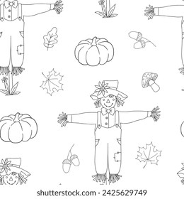 Hand drawn vector monochrome seamless pattern with pumpkin, acorn and scarecrow. Outline fall backdrop.