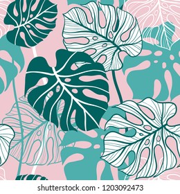 Hand drawn vector monstera leaves on pink background. Hand drawn seamless pattern. Perfect for fabric, wallpaper or wrapping paper.