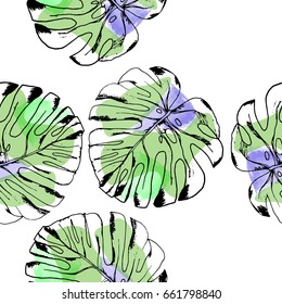 Hand drawn vector monstera leaves seamless pattern. Sketch on watercolor background. Exotic collection.
