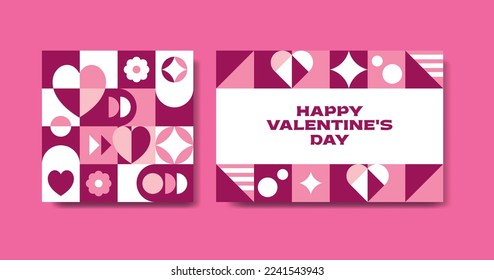 Handgezeichnete Vektor Mosaik Valentinstag-Postkarten im trendigen neo Geometrischen Stil. Muster mit Herz, Sternen, Kreise und Blumen. 