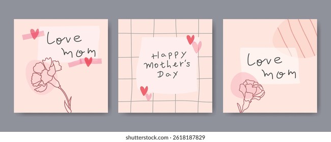 Hand drawn vector Mother's Day cards with handwritten text and playful collage designs.