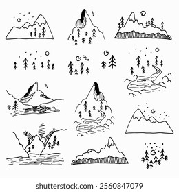 Hand Drawn Vector Mountain and Forest Nature Sketches Set on the white background