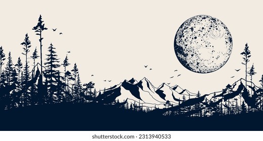 Montañas vectoriales dibujadas a mano y fondo de silueta forestal. Pancarta de paisajes y árboles de coníferas. Luna llena. Conjunto de vector de contorno aislado. Vintage. Banner místico monocromo