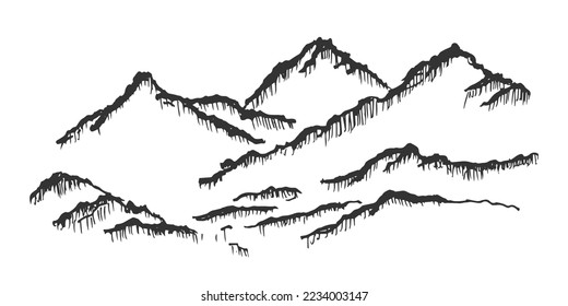 Hand drawn vector mountains landscape view black lines art style. Mountains drawing sketch vector illustration.