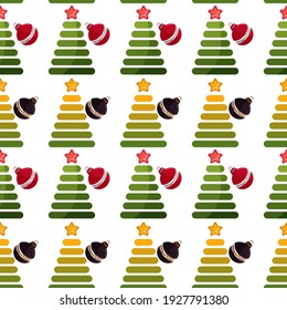 Handgezeichnete, mehrfarbige Vektorgrafik, nahtlos, mit Weihnachtsbaum und Stars 