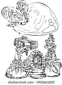 A hand drawn vector mushroom hut with a butterfly. Book illustration. Pretty natural house of a fantastic hero. A colouring page for adults and children. Sketch of a house.