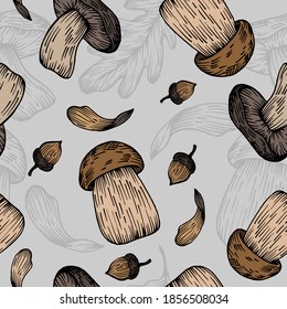 Hand drawn vector mushrooms pattern. Mushrooms colorful textile pattern. Autumn theme background.
