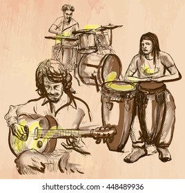 An hand drawn vector - MUSIC BAND, guitar player and drummers - colored line art. Vector is editable in groups and layers - freehand sketching.